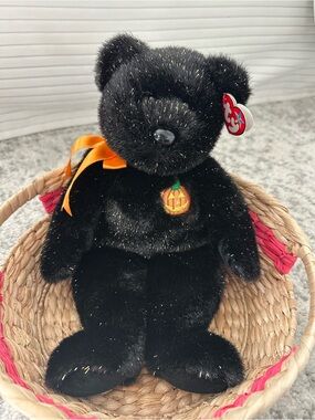 Ty Black Plush Halloween Bear with Pumpkin Patch Embroidery